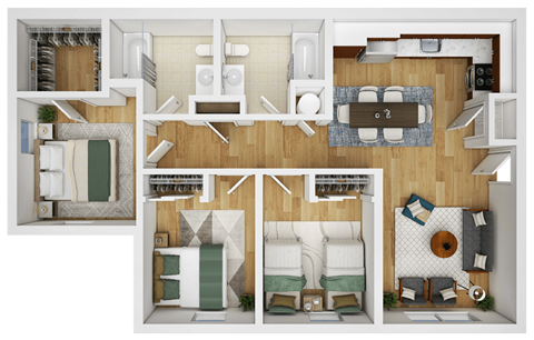 a 3d floor plan of a house with a bedroom and a living room